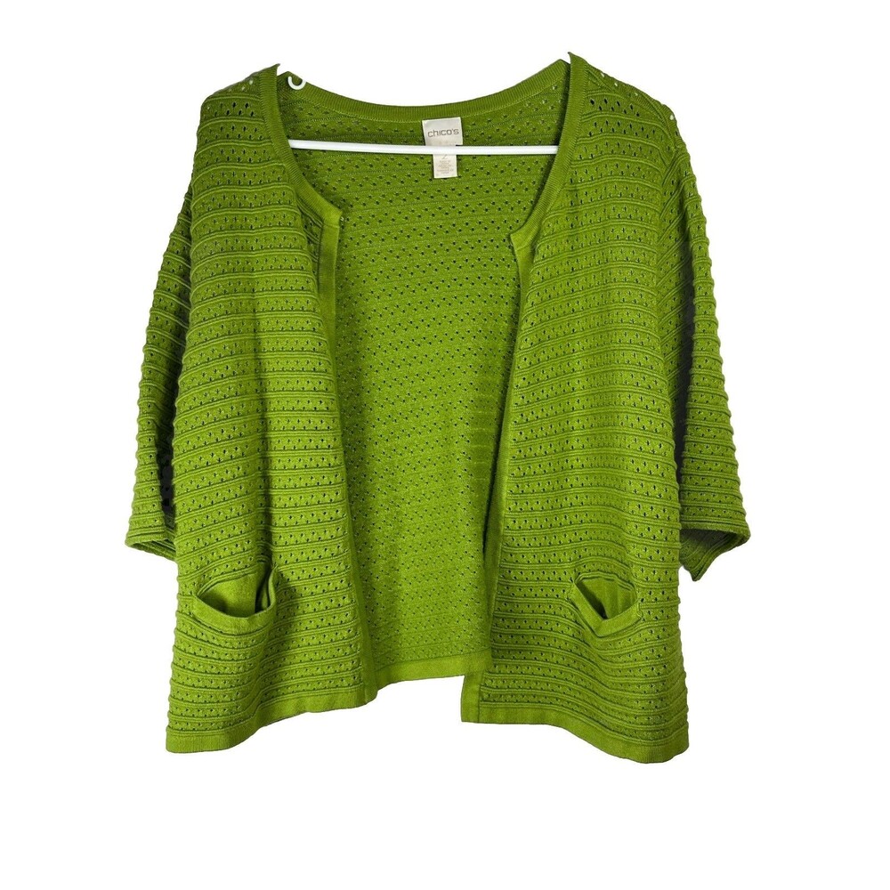 Chicos Green Knit Short Sleeve Sweater Cardigan Jacket 2 L